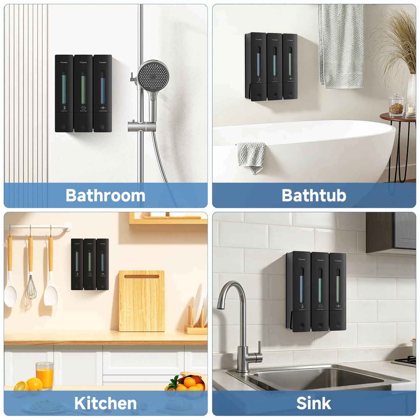 Pobamle Shampoo and Conditioner Dispenser - Shower Soap Dispenser Wall Mounted No Drill - Shampoo Conditioner Body Wash Dispenser 3 Chamber - Easy Install for Bathroom Hotel Black 1200ml