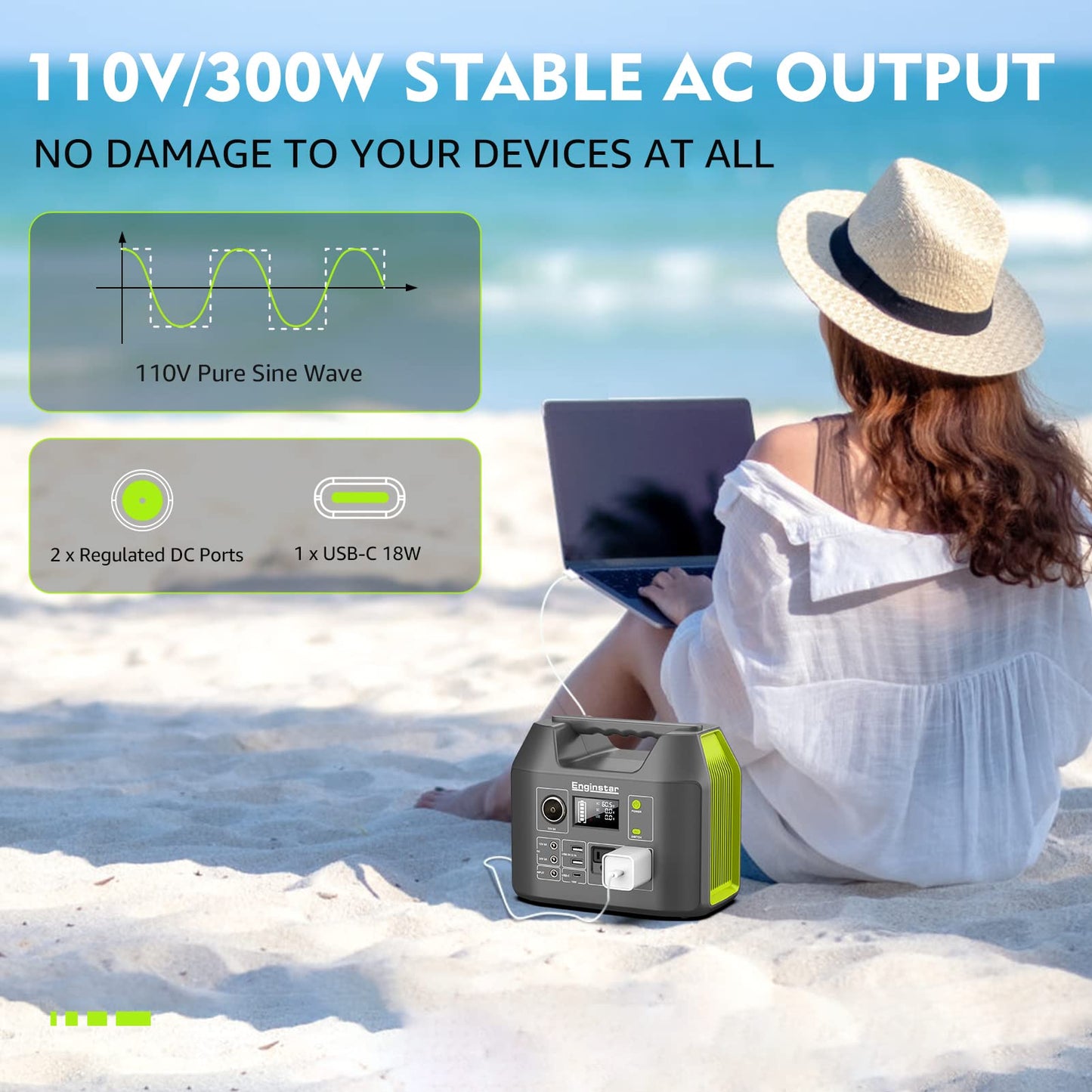 EnginStar Solar Generator, 300W Portable Power Station, 296Wh Lithium Battery Backup w/Two 110V Pure Sine Wave AC Outlet for Camping Road Trip RV, 80000mAh Sufficient Power Supply for Blackout