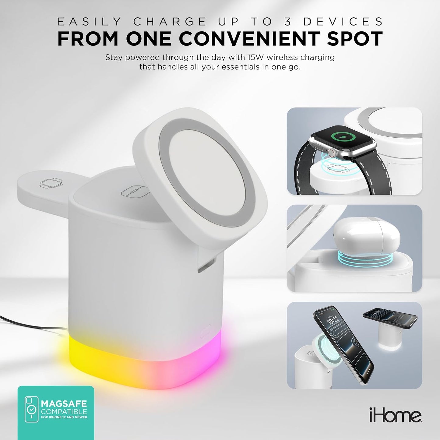 3-in-1 15W iHome Wireless Charging Stand, Fast Charge, LED Light, MagSafe Compatible, Foldable Design