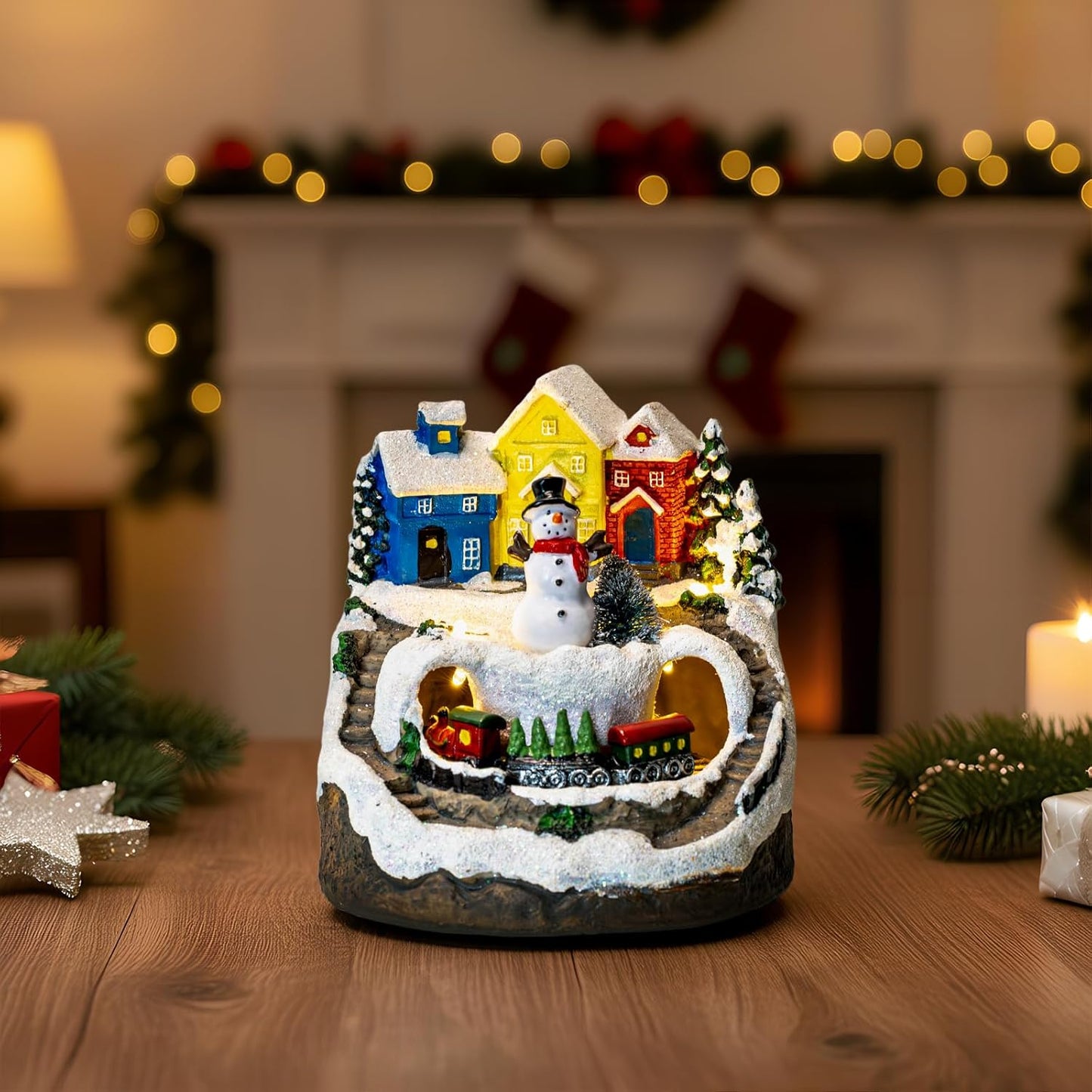 ZQQLITE Animated Musical Christmas Snowman Village - Lighted Figurines with Rotating Train for Festive Home Decor