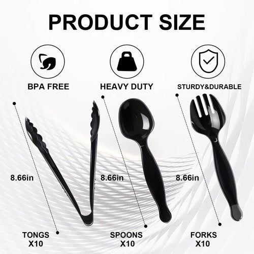 ALEXPRE 30 Pcs Disposable Black Plastic Serving Utensils,10 Set Including 9" Plastic Serving Spoons, Forks and Tongs for Dinner Parties, Buffets,Banquets, Events, Weddings, and Daily Use