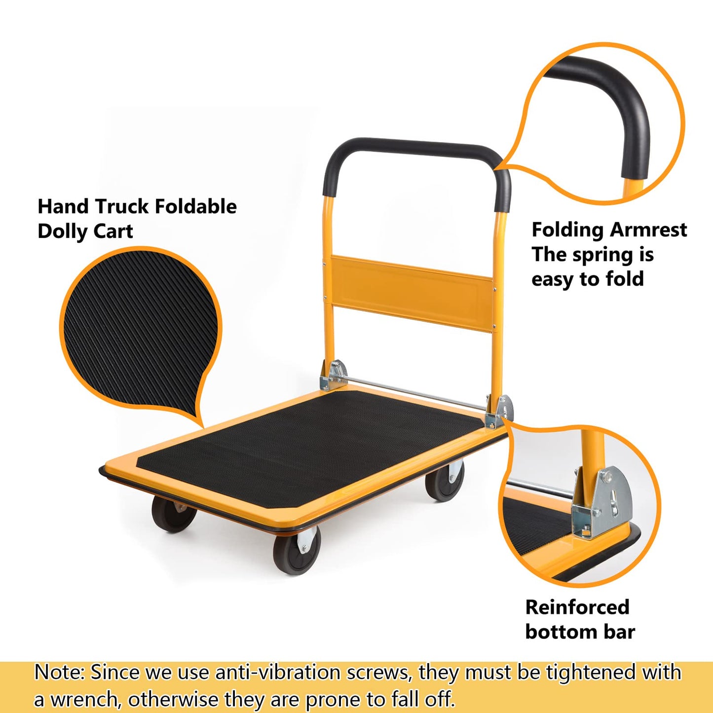 LEADALLWAY Platform Truck Large Size 880lbs Heavy Duty Foldable Push Cart 35.8x24x34.3inches Yellow