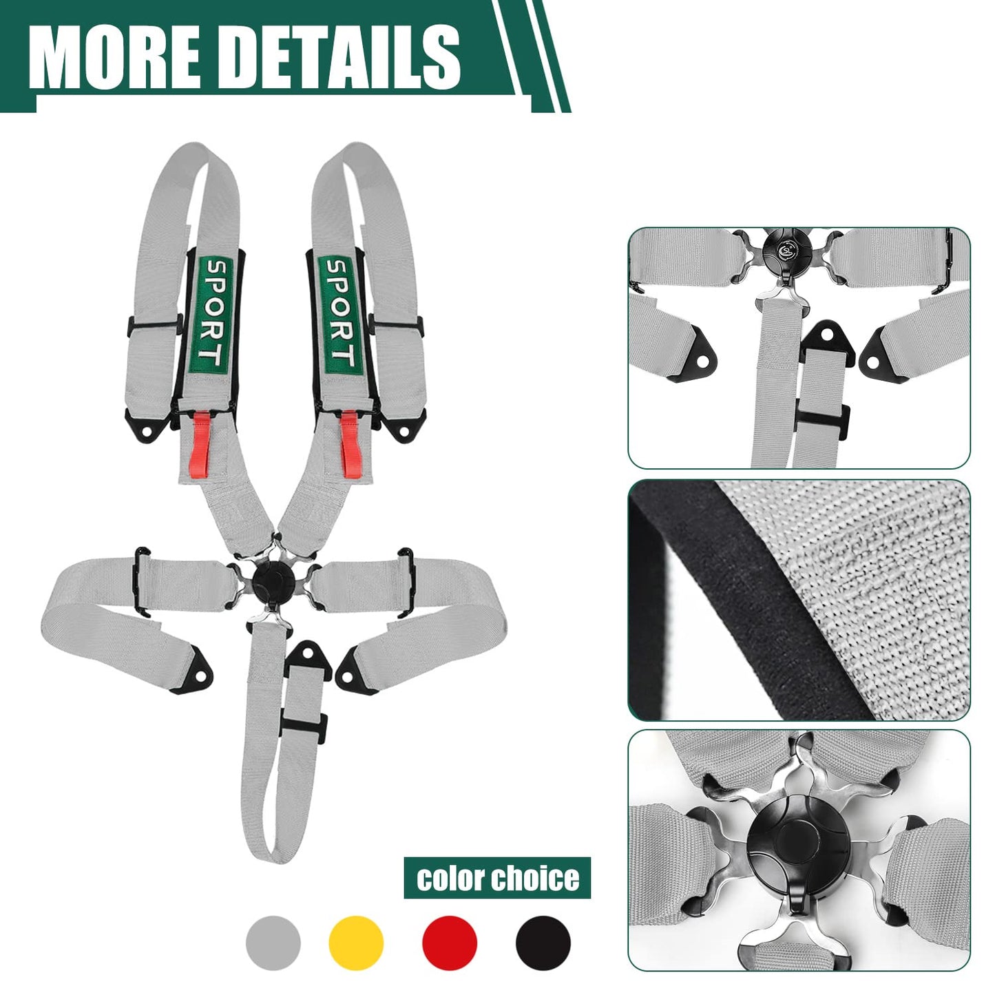 BESTZHEYU Compatible for SFI 5-Point Racing Harness Set with Ultra Comfort Heavy Duty Shoulder Pads Universal Polyester Harness Set Silver (Pack of 1)