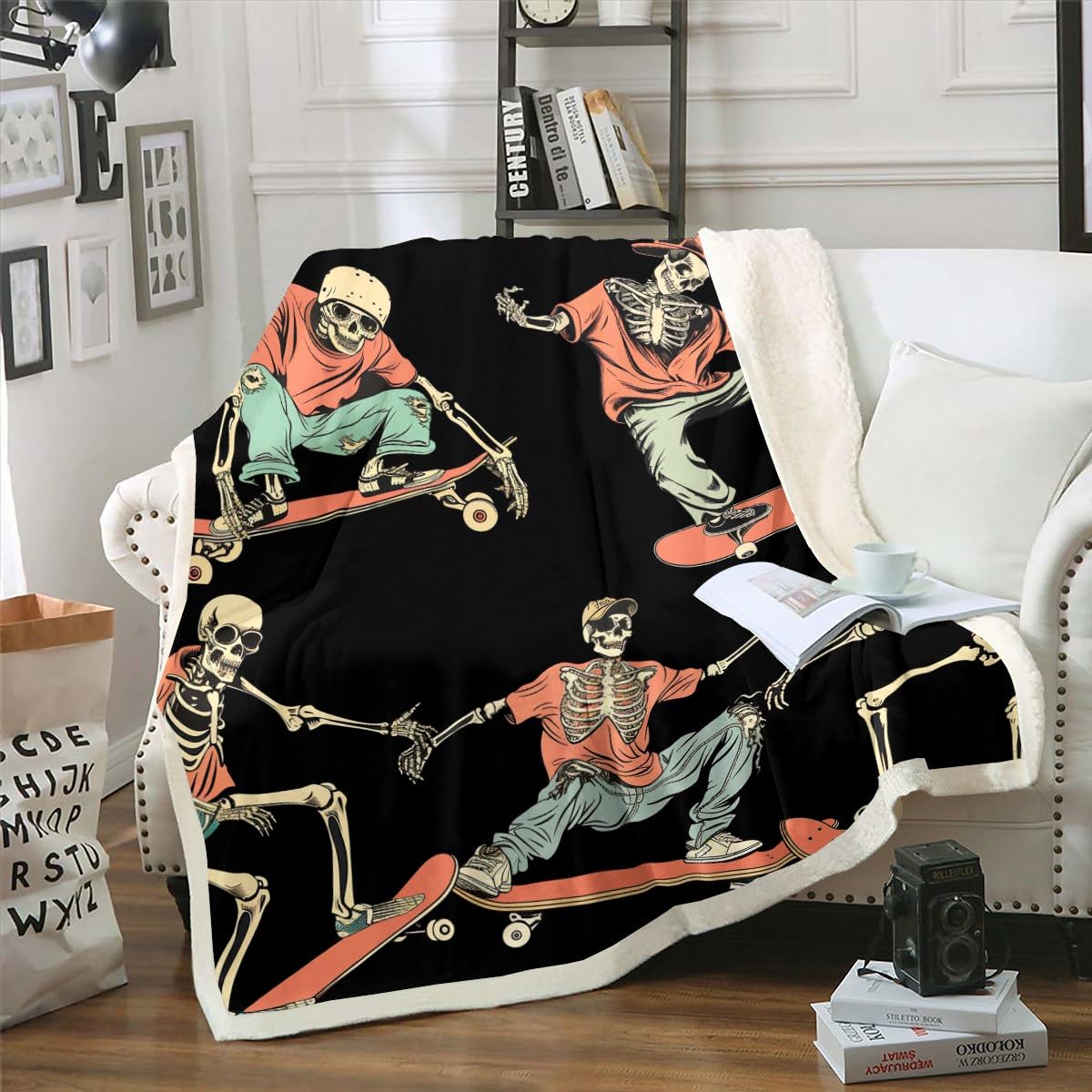 Skateboard Blanket Throw Sugar Skull Fleece Blanket Hip Hop Style Sherpa Blanket for Kids Teen Boys Skateboarding Actions Hippie Fuzzy Blanket Ultra Soft Throw 50"x60" Orange Black Child Room Decor