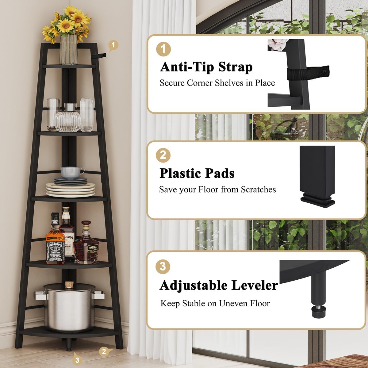 BON AUGURE 5-Tier Corner Shelf, Industrial Tall Corner Bookshelf for Living Room, Narrow Ladder Bookcase with Metal Frame, Rustic Wood Corner Plant Stand for Small Space, Home Office, Black Oak