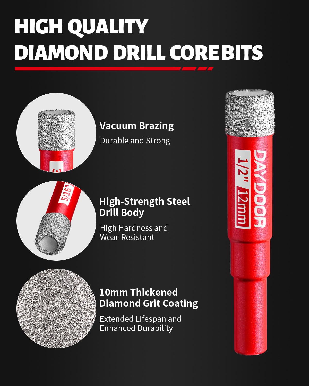 DAYDOOR Dry Diamond Drill Bits Set, 1/4" 5/16" 3/8" 1/2" Diamond Hole Saw Kit for Porcelain Tile Ceramic Glass Marble Granite, Tile Drill Bits with Cooling Wax, Round Shank (10-Piece)