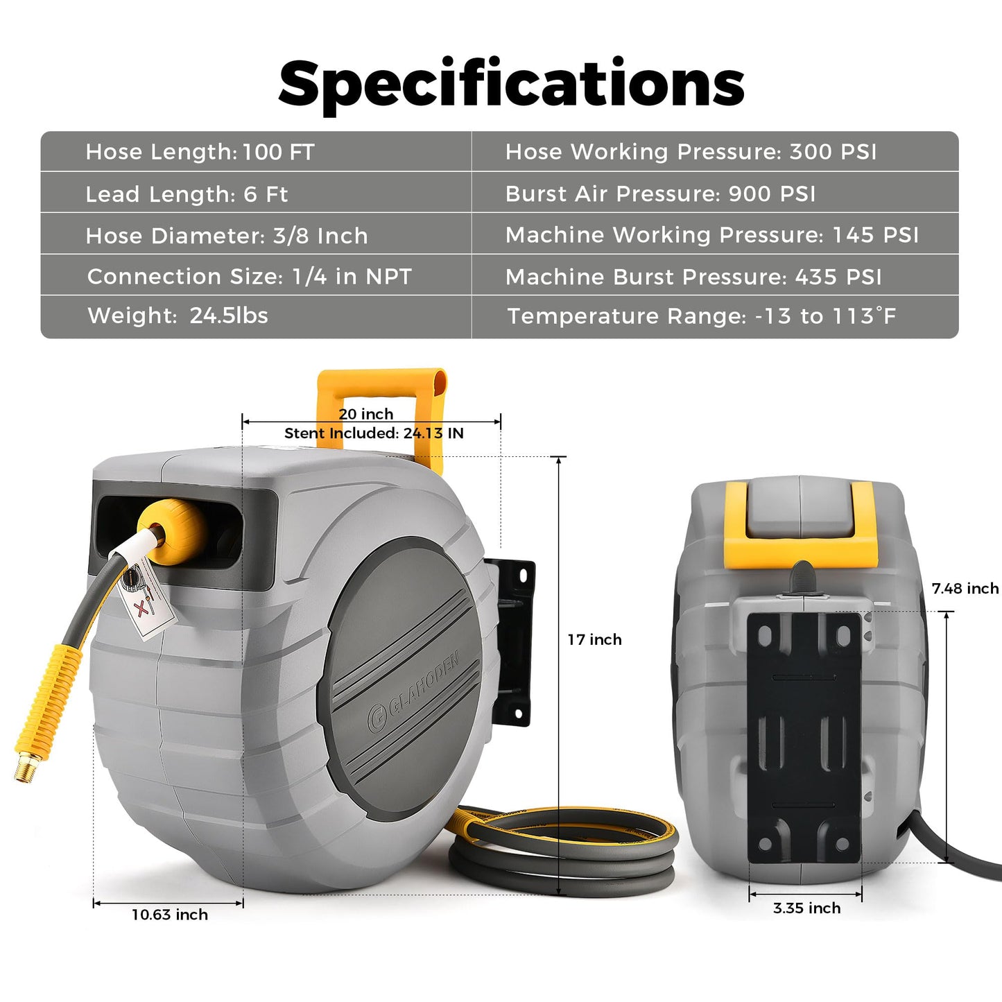 GLAHODEN Retractable Air Hose Reel, 3/8 in x 100 Ft Hybrid Hose Air Compressor Hose Reel with 6 Ft Lead in Max 300 PSI Patented Design for Any Length Lock 180°Swivel Bracket Quick Coupler