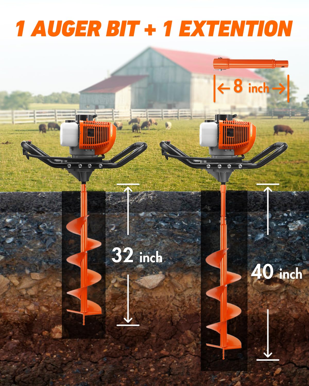 NEO-TEC 63CC Post Hole Digger Auger Drill Gas Powered 2-Stroke & 8" Drill Bits + 1 Extension Bar, Earth Auger Petrol Drill Borer for Garden Lawn Auger Drill Bit for Planting