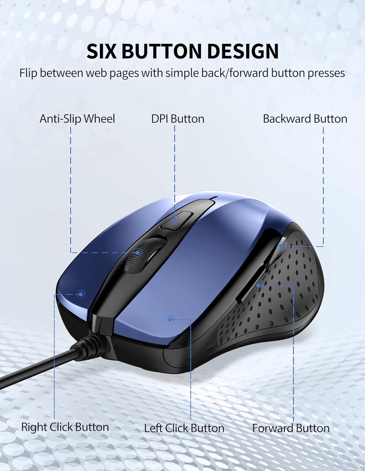 TECKNET 6-Button 4 5FT USB Wired Mouse, Corded Computer Mouse with Adjustable DPI, Optical Computer Mice with Ergonomic