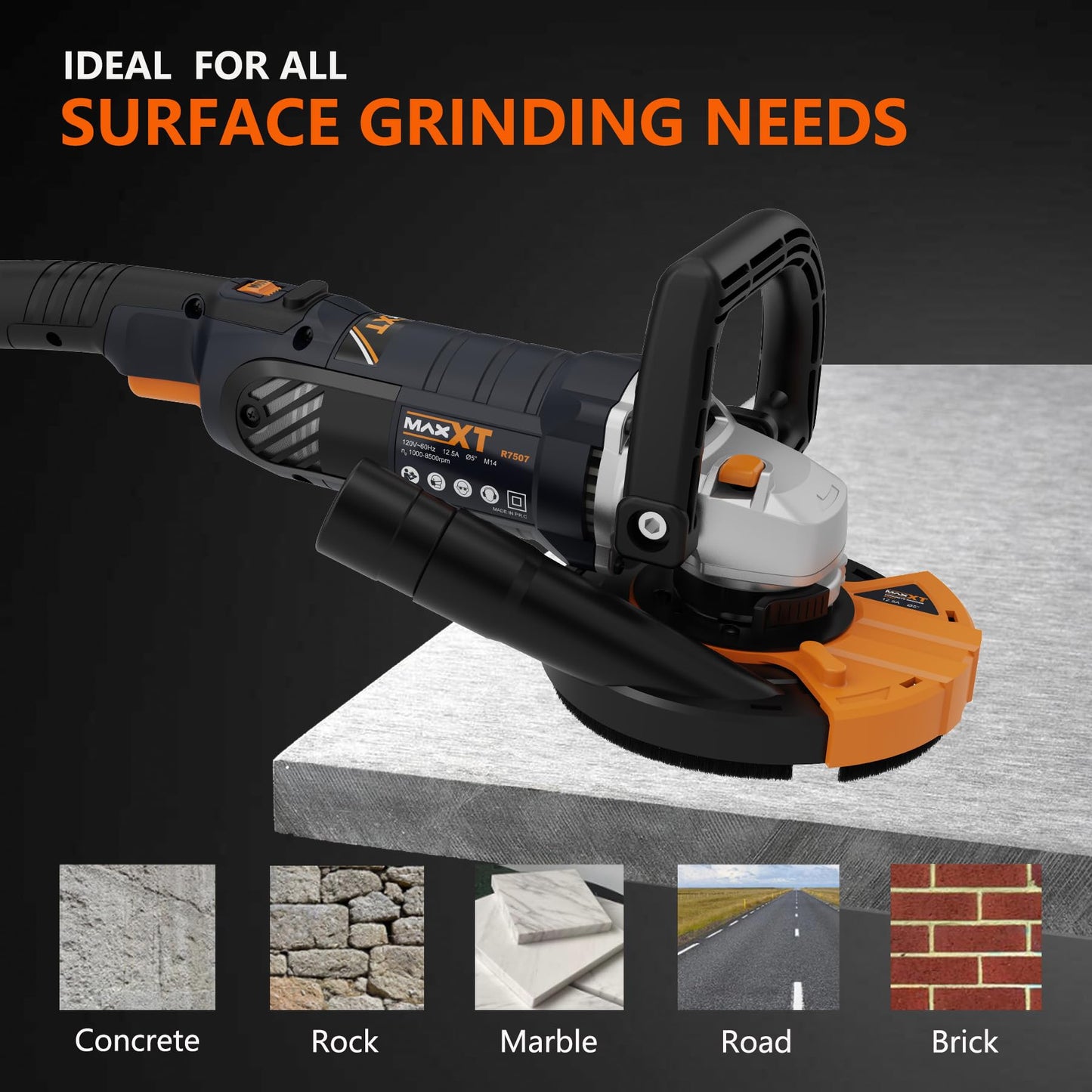 Concrete Surface Grinder Sander 1500W, MAXXT 5 Inch Angle Grinder Set 1000-8500RPM 7 Speed Adjustments, Concrete Sander with Removable Guard for Polishing（Includes 2 Diamond Sanding）