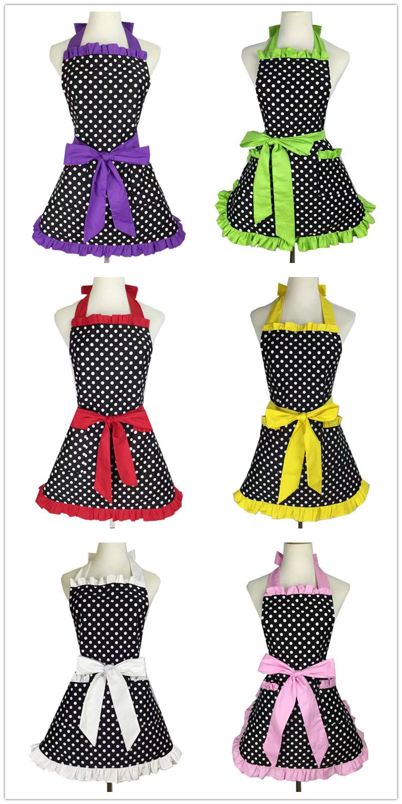 Hyzrz Cute Apron Retro Black Polka Dot Retro Ruffle Side Vintage Cooking Aprons with Pockets for Women Girls (Side Pink)