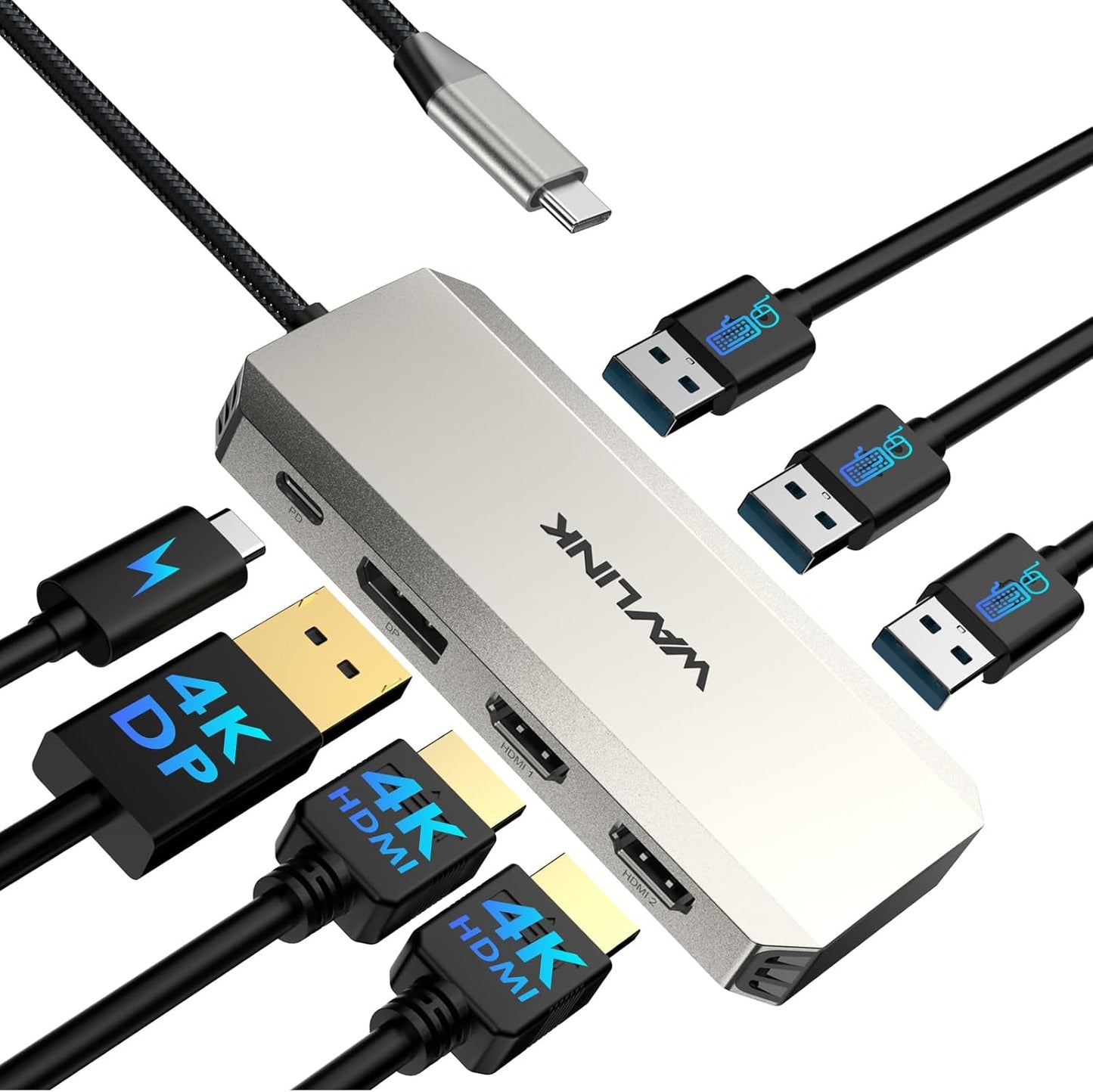 WAVLINK 4K 100W 3 USB-A2.0 Laptop Docking Station, Triple Docking Station with Dual HDMI, DP, PD in, for Wireless