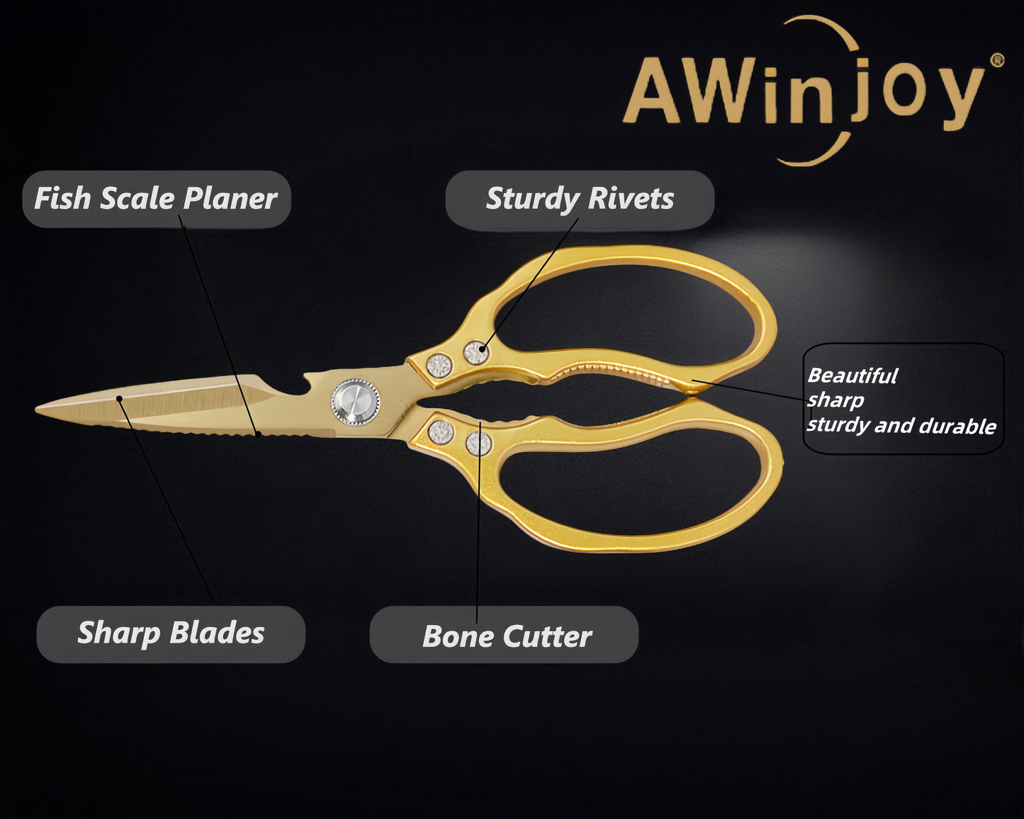 AWinjoy Japanese Gold Kitchen Scissors, Heavy Duty Stainless Steel, Multipurpose Cooking Shears, Dishwasher Safe