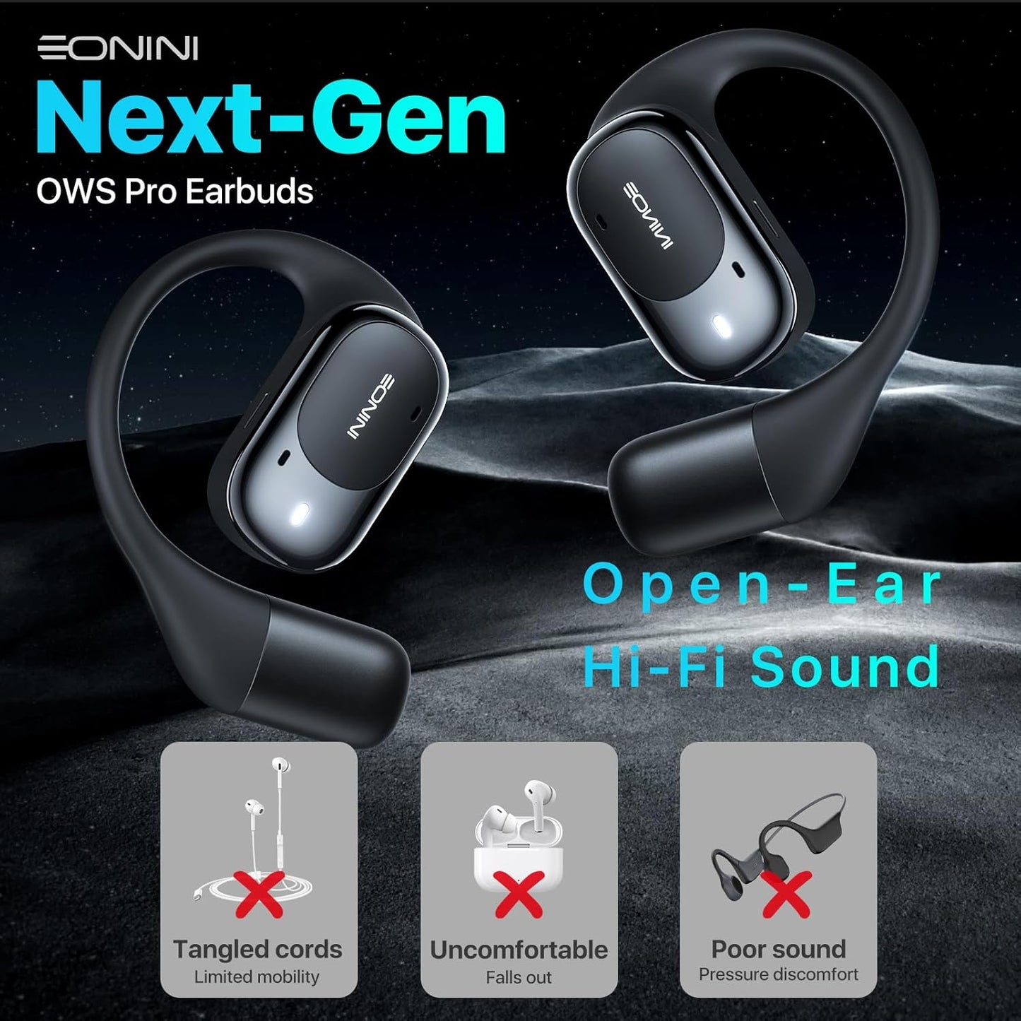 40H IPX5 5.3 Eonini Open-Ear Earbuds with Earhooks, LED Display Case, Lightweight & Secure Fit, All-Day Comfort