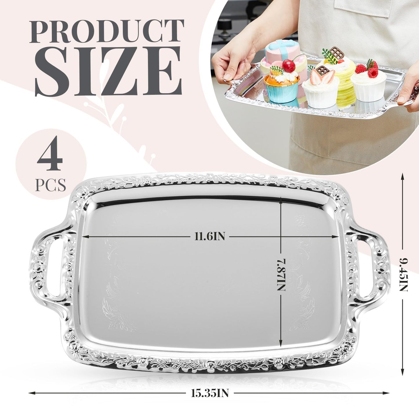 Tiangrid 4 Pcs Silver Serving Tray Elegant Floral Metal Plate Silver Platter for Buffet Wedding Party Jewelry Decorative (Oblong with Handle)