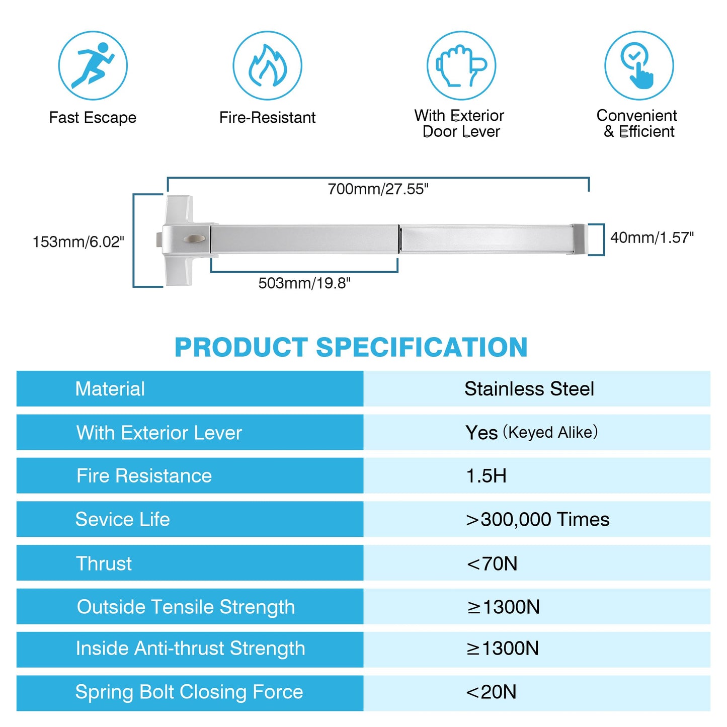 IRONWALLS Push Bar Panic Exit Device with Exterior Lever Keyed Alike, 2-Pack 27.5” Stainless Steel Panic Bar Lock Set for Commercial Door, Fire Emergency Exit Door Panic Hardware for Hotel, Hospital