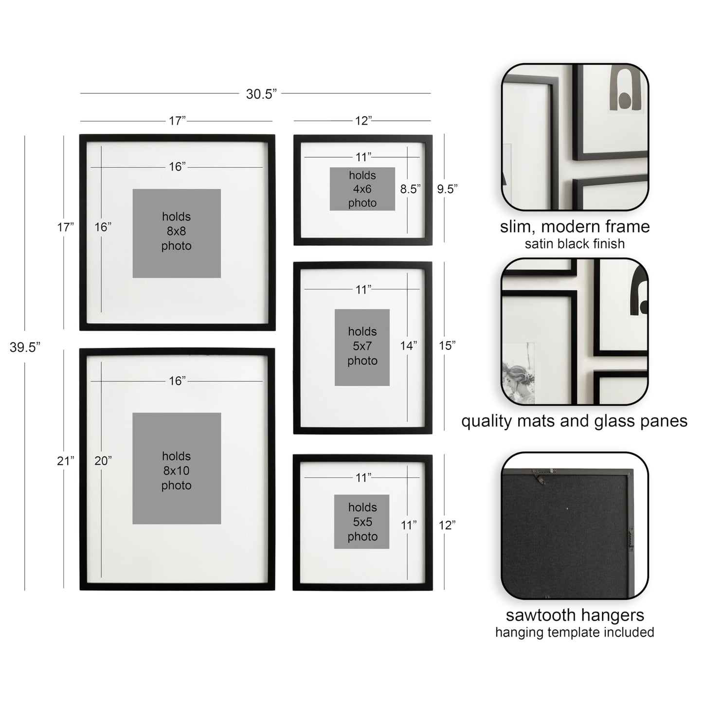 Kate and Laurel Gallery Contemporary Rectangle Picture Frame Set of 5, Varying Sizes, Black, Modern Five-Piece Photo Frames for Gallery Wall Set in Living Room Wall Decor