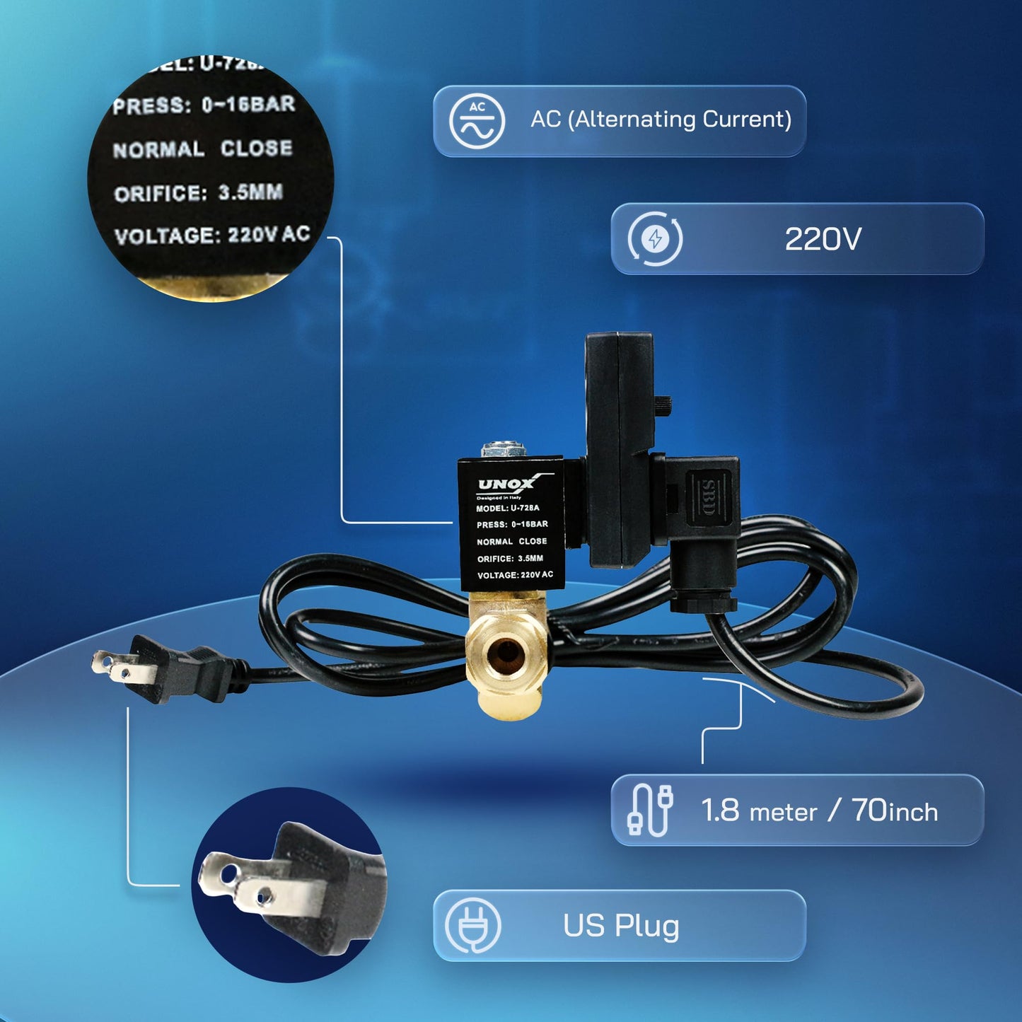 UNOX Electronic Drain Valve for Air Compressor, 1/2" NPT to 1/4" NPT 220V AC Automatic Timed Tank Drain Valve with 6 feet US Plug Cable - Max 235 PSI Solenoid Valve Assembled