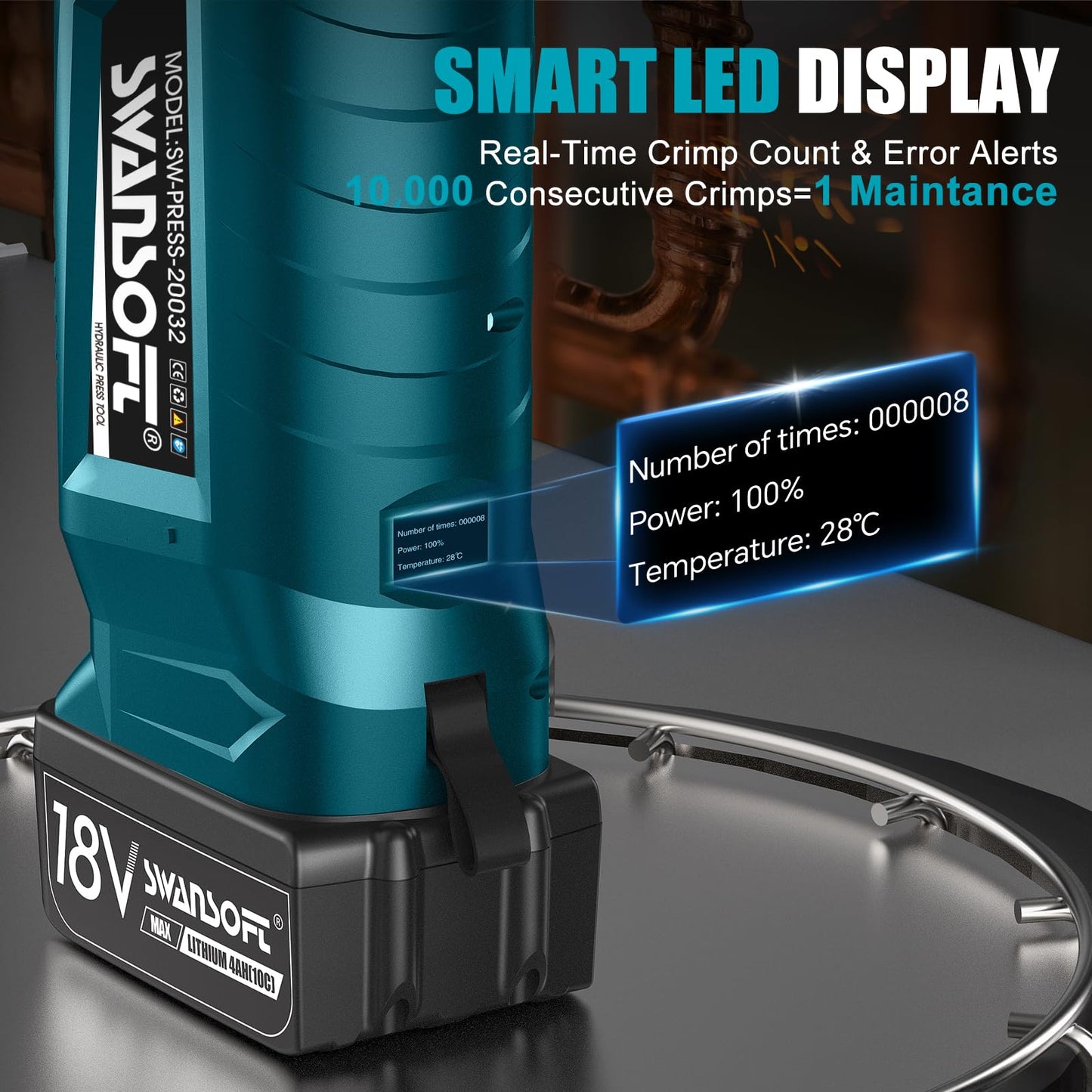 SWANSOFT Pro Press Tool, Copper Pipe Crimping Tool with 18V 4Ah Battery Pro Press Copper Crimper Tool with 4 US Standard Jaws 1/2", 3/4'', 1", 1-1/4", Electric Hydraulic Plumbing Crimping Tool - Teal