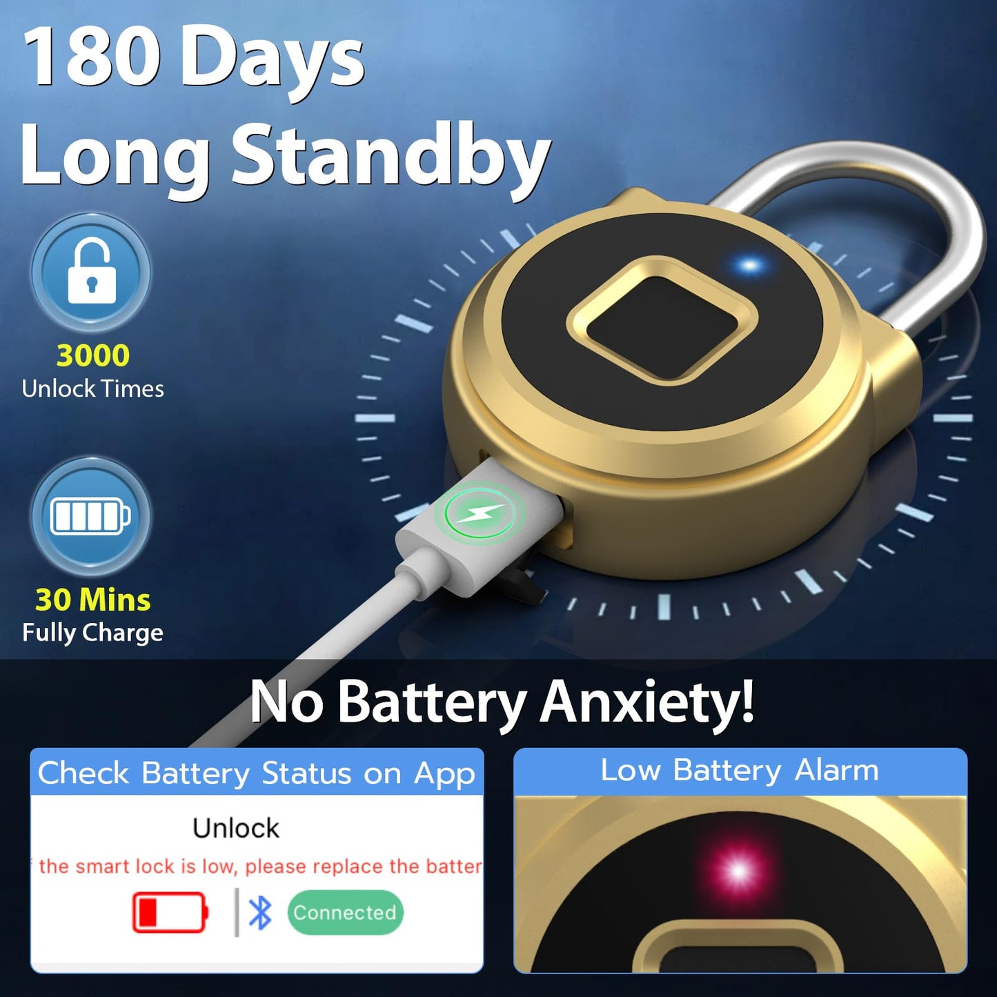Keylesslife Fingerprint Lock,Gym Locker Lock,Smart Padlock Bluetooth APP Control Biometric Lock for Locker School Suitcase Cabinet Storage Gold
