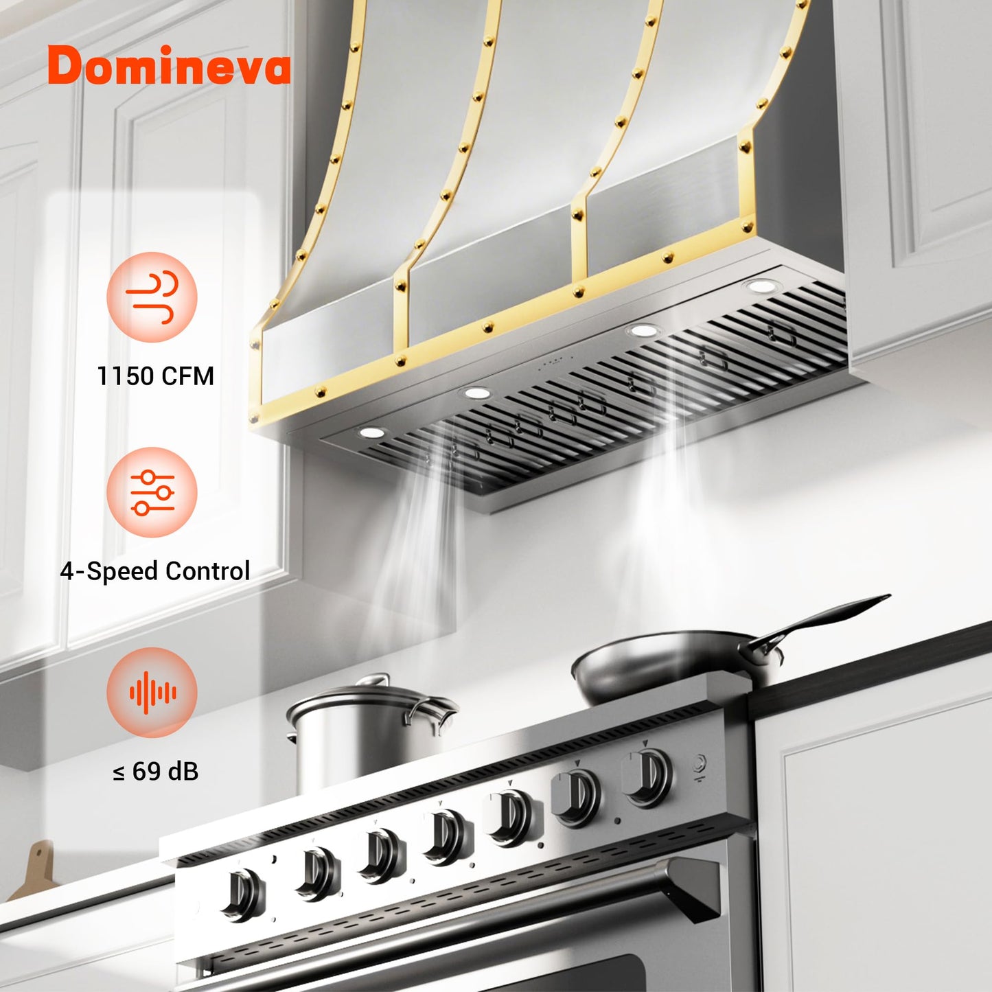 DOMINEVA 48 Inch Ducted Range Hood Insert,1150CFM Built-in Kitchen Vent Hood with 4-Speed Exhaust Fan&LED Light,Stainless Steel