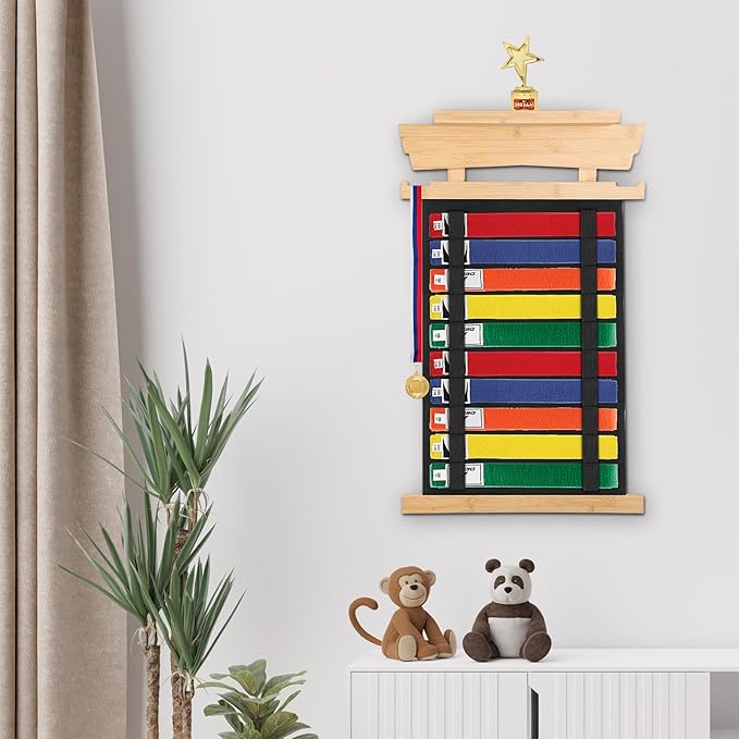 JUXYES Wall Hanging Martial Arts Belts Organizer with Trophy and Medal Display Rack, Bamboo Karate Belt Display Holder Rack, Wall Mounted Taekwondo Belt Display Holder for Martial Arts Learners