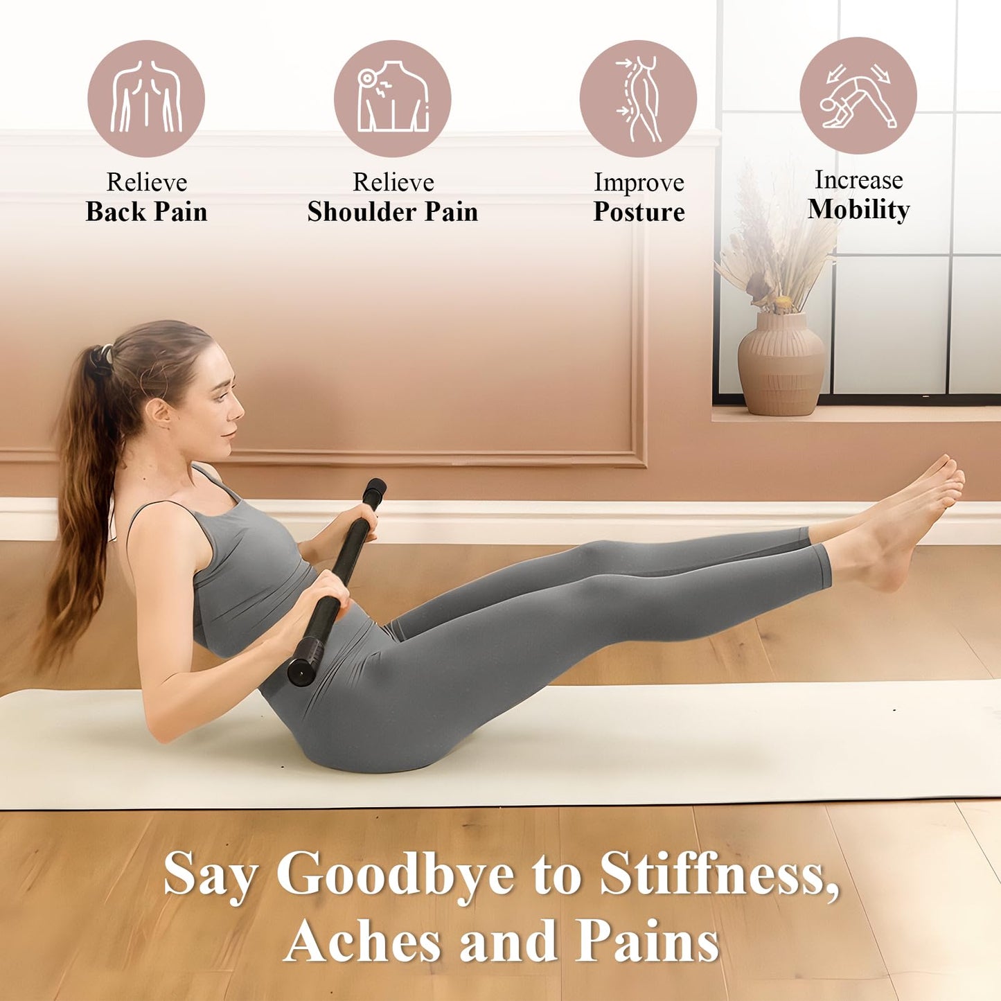 PAETA Yoga Stick for Stretching, 5ft Exercise Stick for Mobility & Flexibility, Bamboo Stretch Bar and Posture Pole with Non-Slip Grip - Includes Free Video Guide, Black