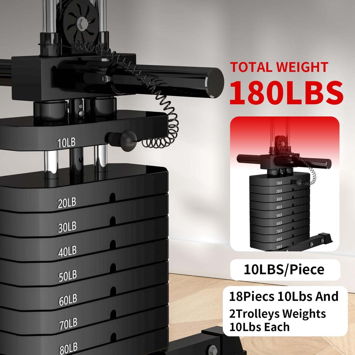 JEEKEE Folding Wall Mounted Power Rack with 180LB Weight Stack, 2400LB 2×3 Heavy Duty Squat Rack, Dual Cable Crossover System 1:1 Ratio, Functional Trainer for Home Gym Small Space,Black