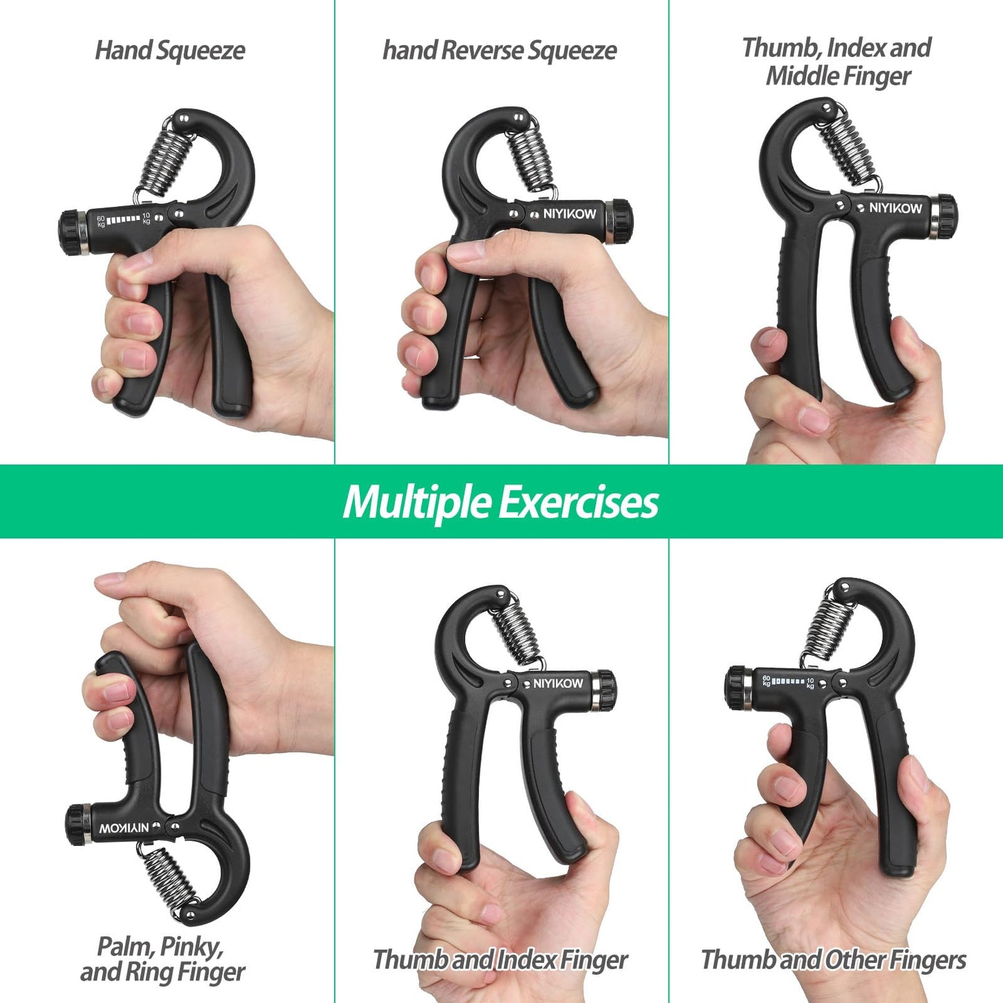 NIYIKOW Grip Strength Trainer, Hand Grip Strengthener, Grip Strengthener, Adjustable Resistance, Forearm Strengthener, Perfect for Musicians Athletes (Black, 1 Pack)