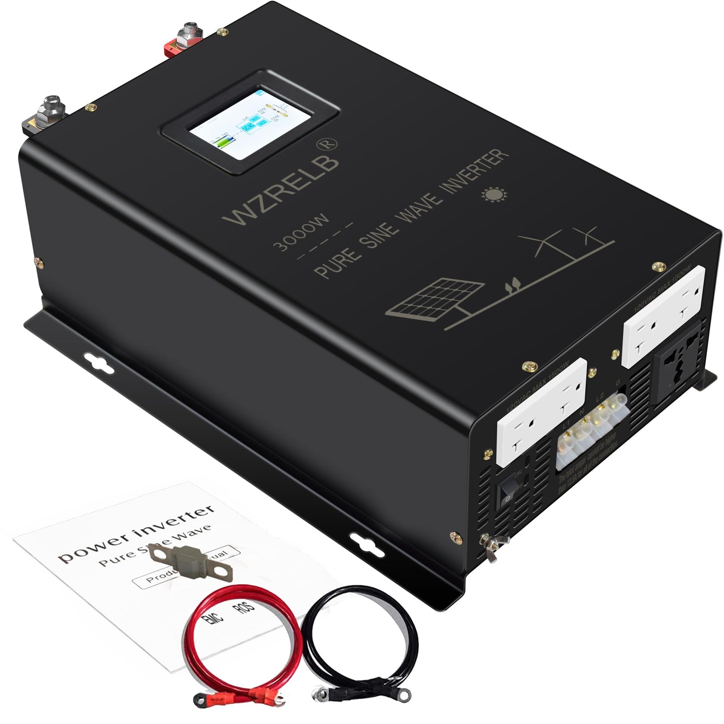 WZRELB 3000W Split Phase Pure Sine Wave Inverter, 48V DC to 120V/240V AC, 4 AC Outlets, Hardwire Terminal, High Efficiency up to 91.6%