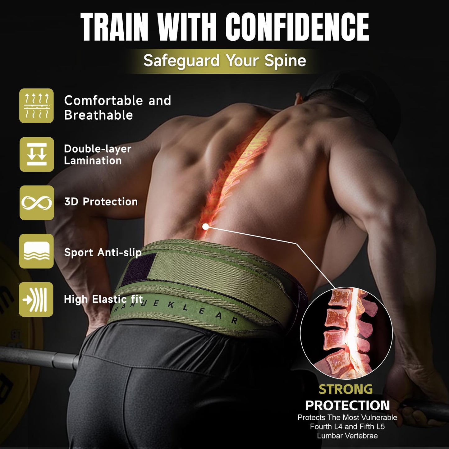 MANUEKLEAR 2-in-1 Weightlifting Belt & Dip Belt with 36.7 IN Rope, Double-Layer Weight Lifting Belts, Powerlifting Gym Weighted Belt for Pull Up Squat (Olive Drab, L(34-37in))