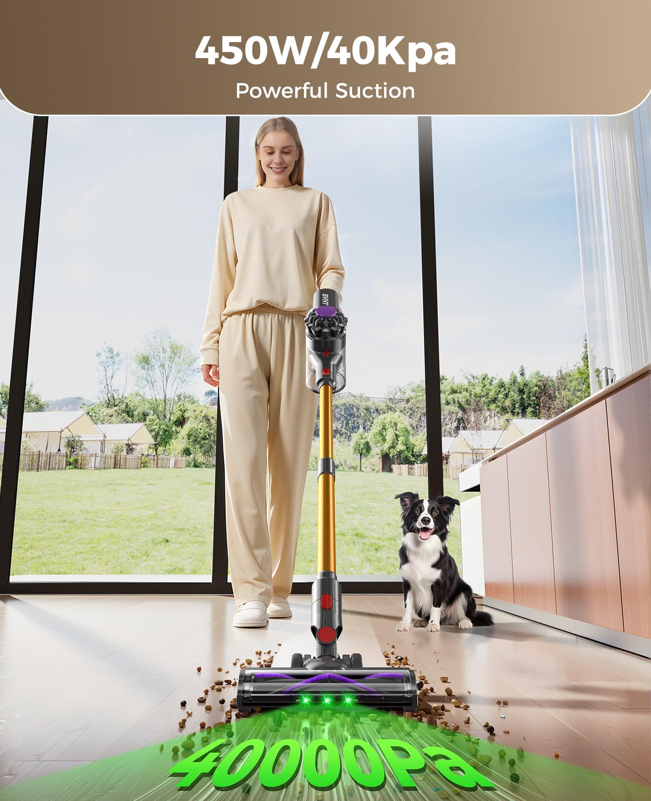 SVHT Cordless Vacuum Cleaner, 450W 40KPA Vacuum Cleaners for Home, 45 Mins Lightweight Stick Vacuum Cordless with LED Display, Rechargeable Battery Vacuum for Carpet,Pet Hair,Hardwood Floor