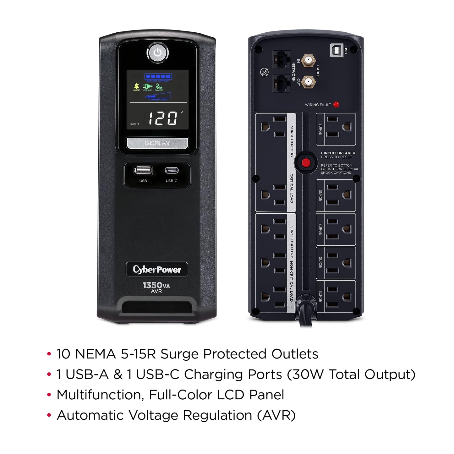 CyberPower CST135UC2-R Line‑Interactive UPS Battery Backup and Surge Protector, 1350VA/810W, AVR, 10 Outlets, USB‑C & USB‑A Charging, LCD Display, UL Certified (Renewed)