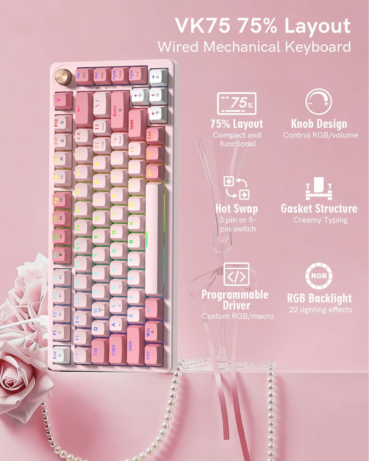 Keyporia VK75 75% Wired Gaming Keyboard with Multimedia Control Knob, Creamy Mechanical Keyboard RGB Backlit Gasket