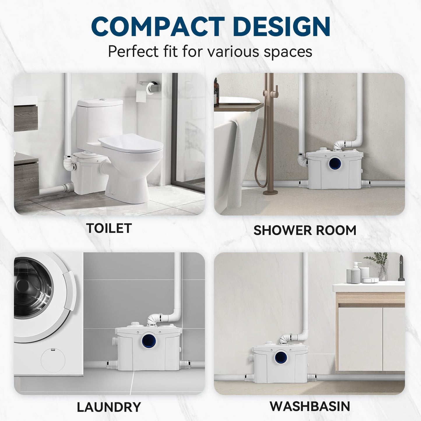 1200W Macerator Pump with PCB Function Toilet Pump Utility Sink Pump Upflush to 39.4FT 2800GPH Macerating Toilet System with 4 Water Inlets 2 Outlets for Toilet Sink Shower Laundry Kitchen Basement