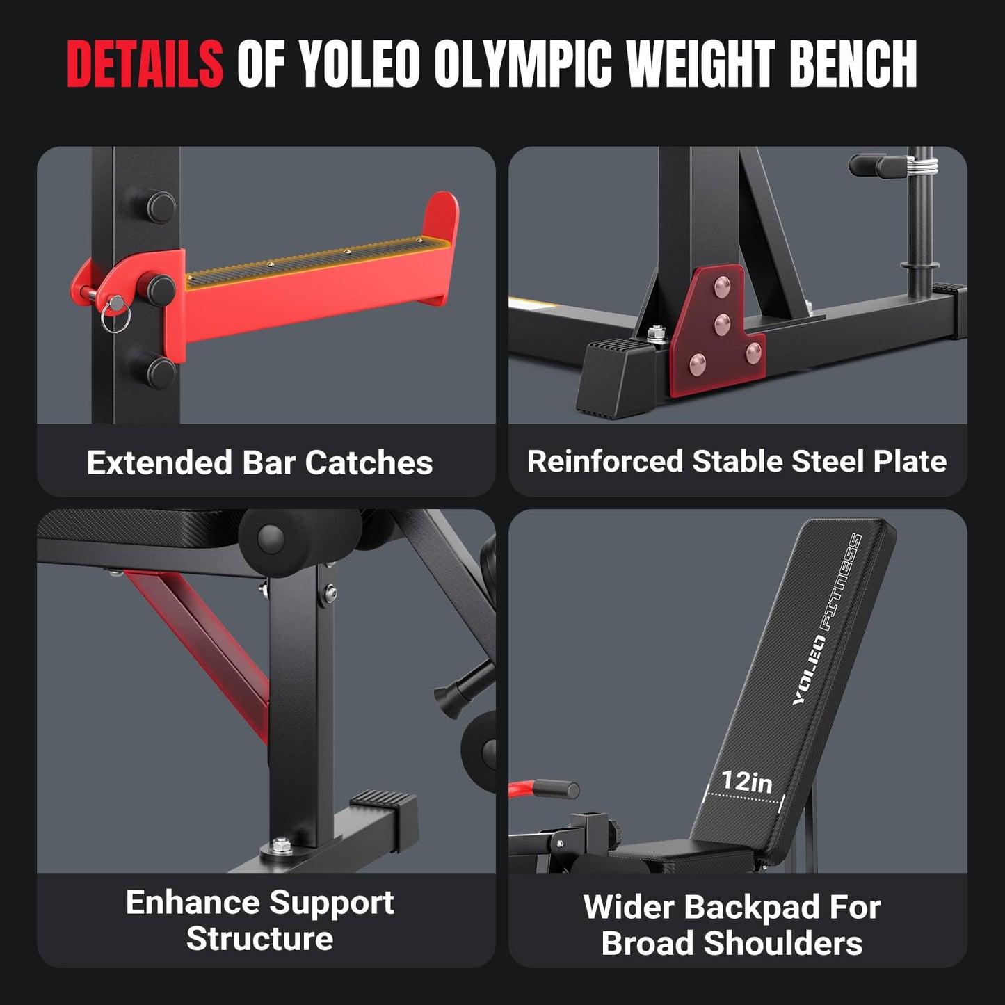 Yoleo Weight Bench with Rack - Bench Press Set, Leg Extension, Preacher Curl & Flat/Incline/Decline Full Body Workout Bench, Adjustable Olympic Weight Benches for Home Gym(47.44IN WIDE GRIP) (47.44“ Wide Grip)