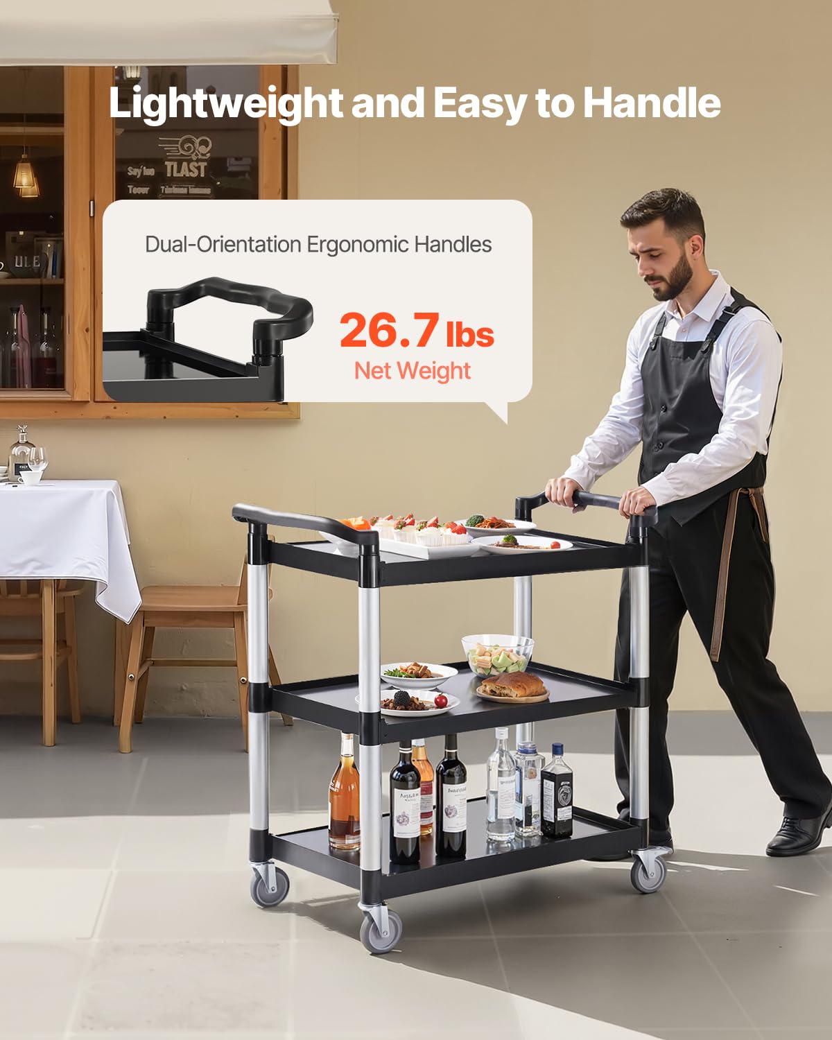 VEVOR Utility Cart, 330 lbs Load Capacity, 3-Tier Utility Plastic Cart with 360° Swivel Wheels (2 with Brakes), 31.1 x 19.3-inch Food Service Cart for Warehouse, Office, Home, Restaurant, Kitchen