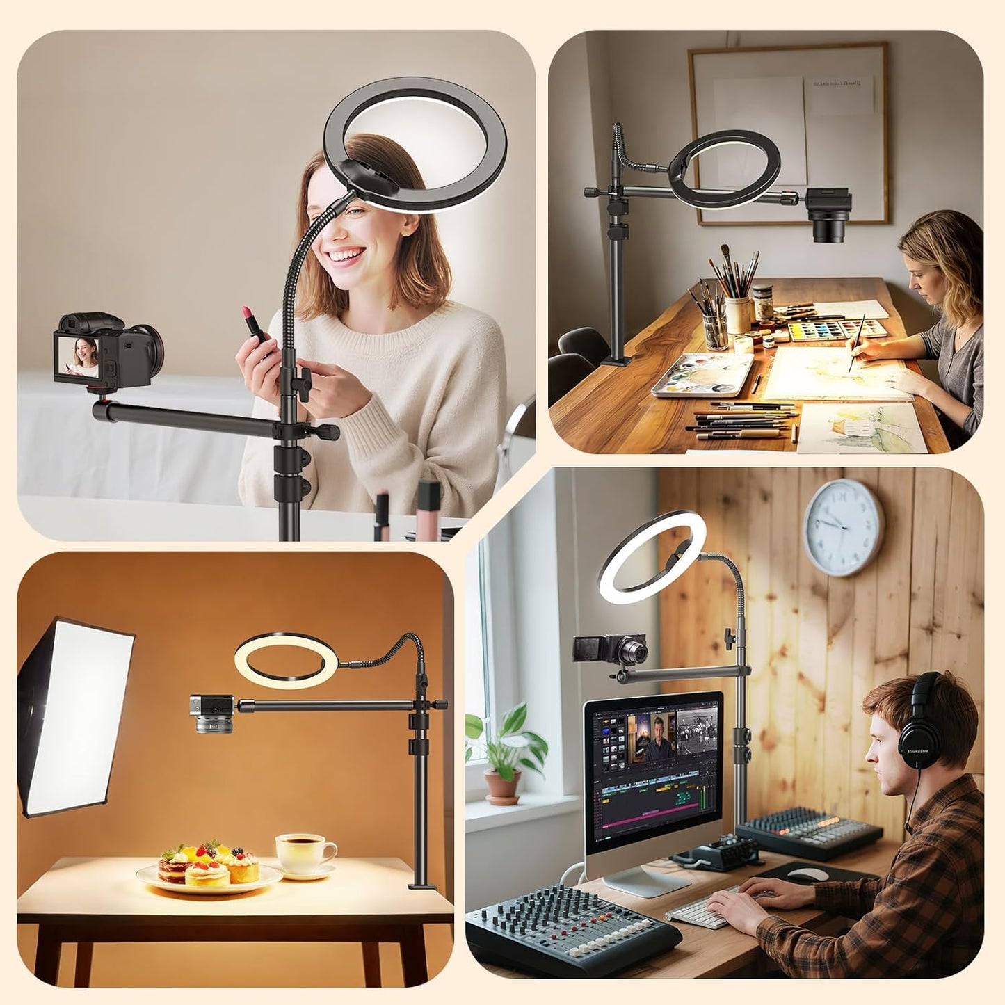 13.4-31.9" 1/4" 3-Section Overhead Camera Mount Desk Stand, Height Articulating Top Down Camera Mount with C-Clamp