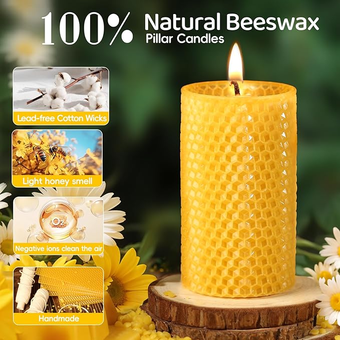Handmade-Rolled Beeswax Candles,2x4in-9 pcs All Natural Honeycomb Beeswax Pillar Candles,180 Hours Long Burning Bees Wax Candles for Home