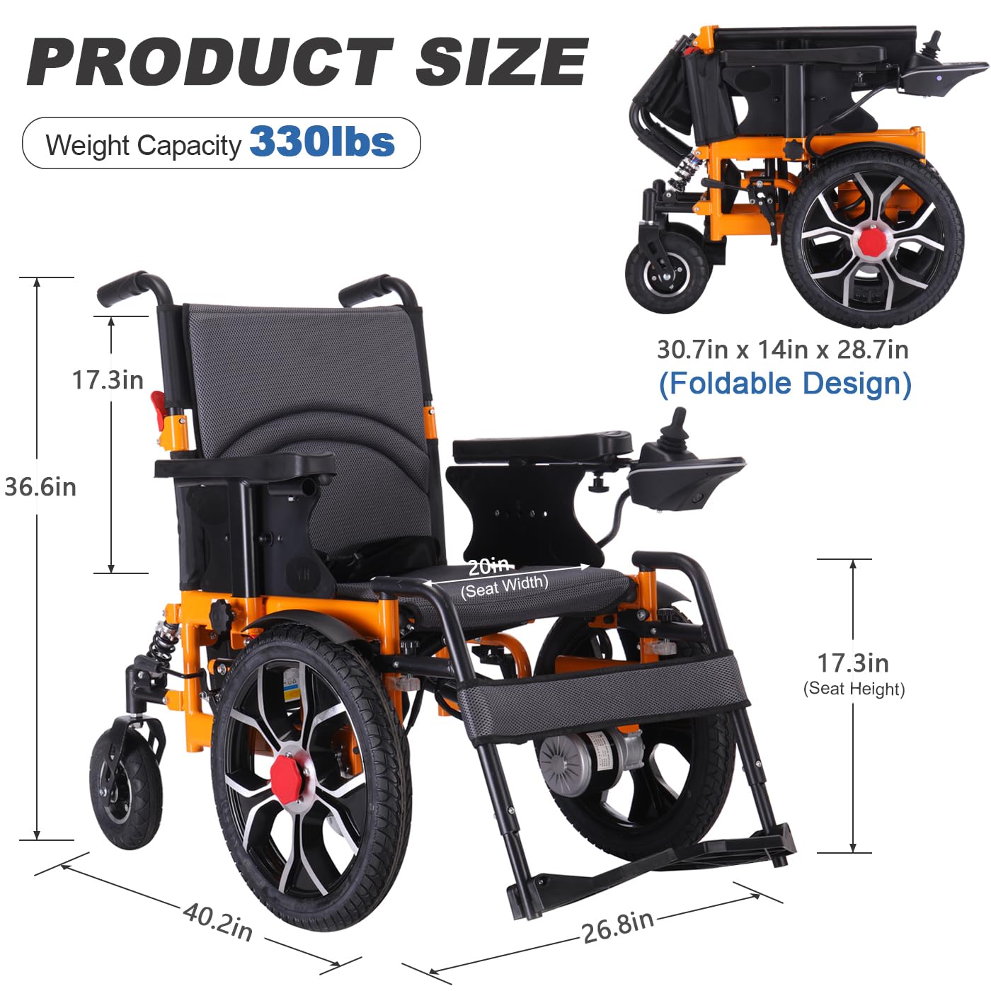 Upgraded 16" Big Front Wheel Electric Wheelchairs, USB Led Light, 20” Seat Width All Terrain Power Wheelchair, Dual Brakes Motorized Wheelchair for Adults 330lb, Backpack,Rear Control Included