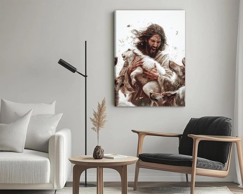 Jesus And Lamb Canvas Wall Art - Inspirational Christian Decor | 12x16 Inch Framed Painting for Living Room or Bedroom
