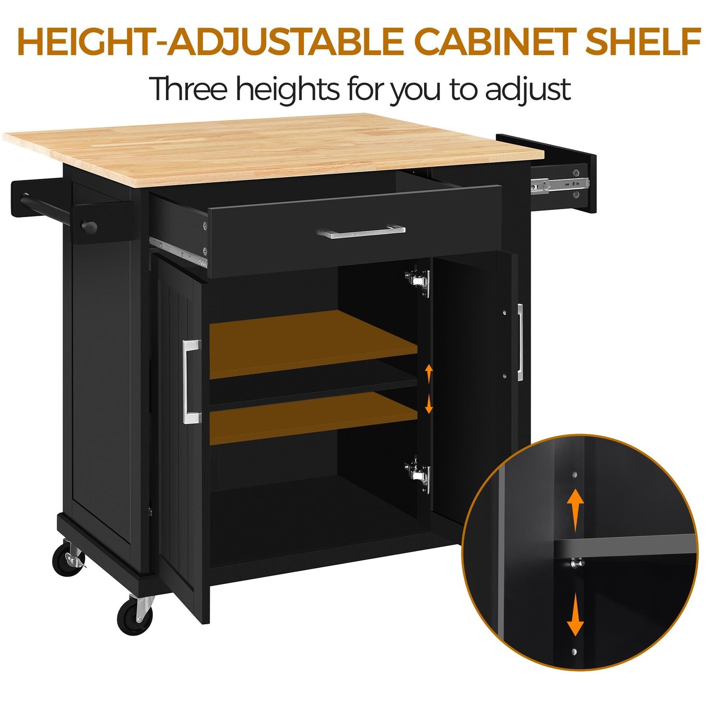 Yaheetech Rolling Kitchen Island Cart with Drop Leaf, Portable Rubberwood Breakfast Bar with Storage Cabinet, Open Shelves & Detachable Towel, 2 Drawers, Black