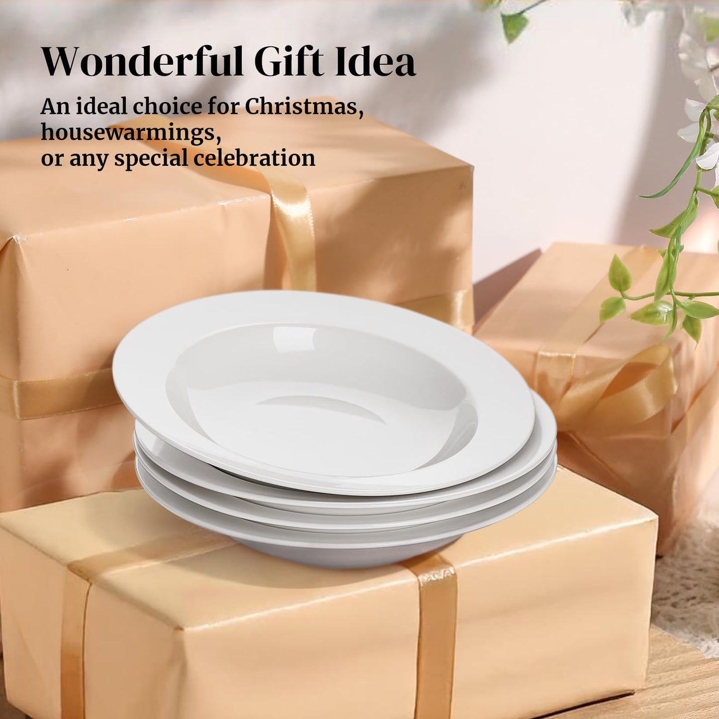 DOWAN Soup and Pasta Bowls Set of 4, White Porcelain Wide Rim Salad Plates, 20 Ounces, Microwave & Dishwasher Safe