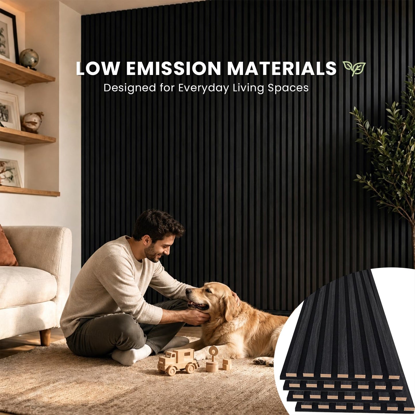 Wood Slat Wall Panels - 4 Pack 93.7" × 11" - Acoustic Panels Noise Reduction for Home Office Studio, 3D Fluted Sound Dampening Absorbing Panels, Matte Black