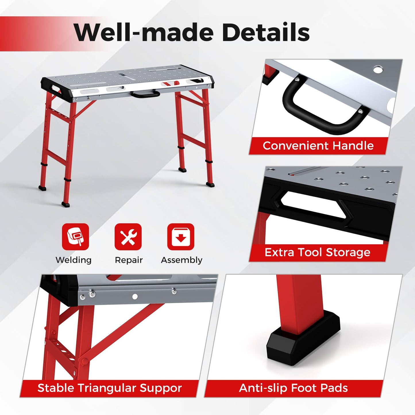 Goplus Portable Welding Table, 42" x 21" Folding Height Adjustable Weld Table Top w/1000LBS Capacity, 2 Bar Clamps, 8 Tool Slots, Handle, 0.7” Holes, Heavy-Duty Workbench Fixture Table for Garage