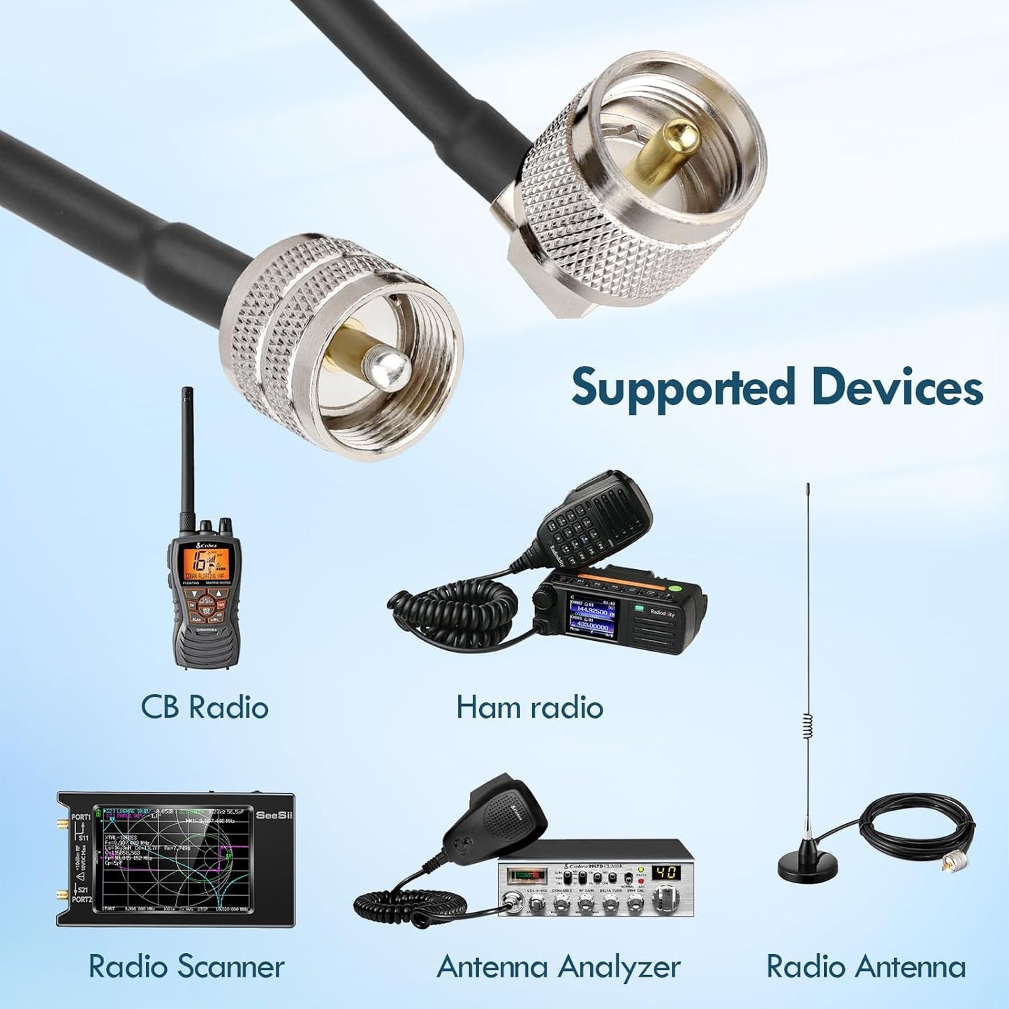 15FT RG58 PL-259 MOOKEERF CB Coax Cable - UHF Male to Male Right Angle Low Loss Coaxial Cable for CB Radio, HAM Radio