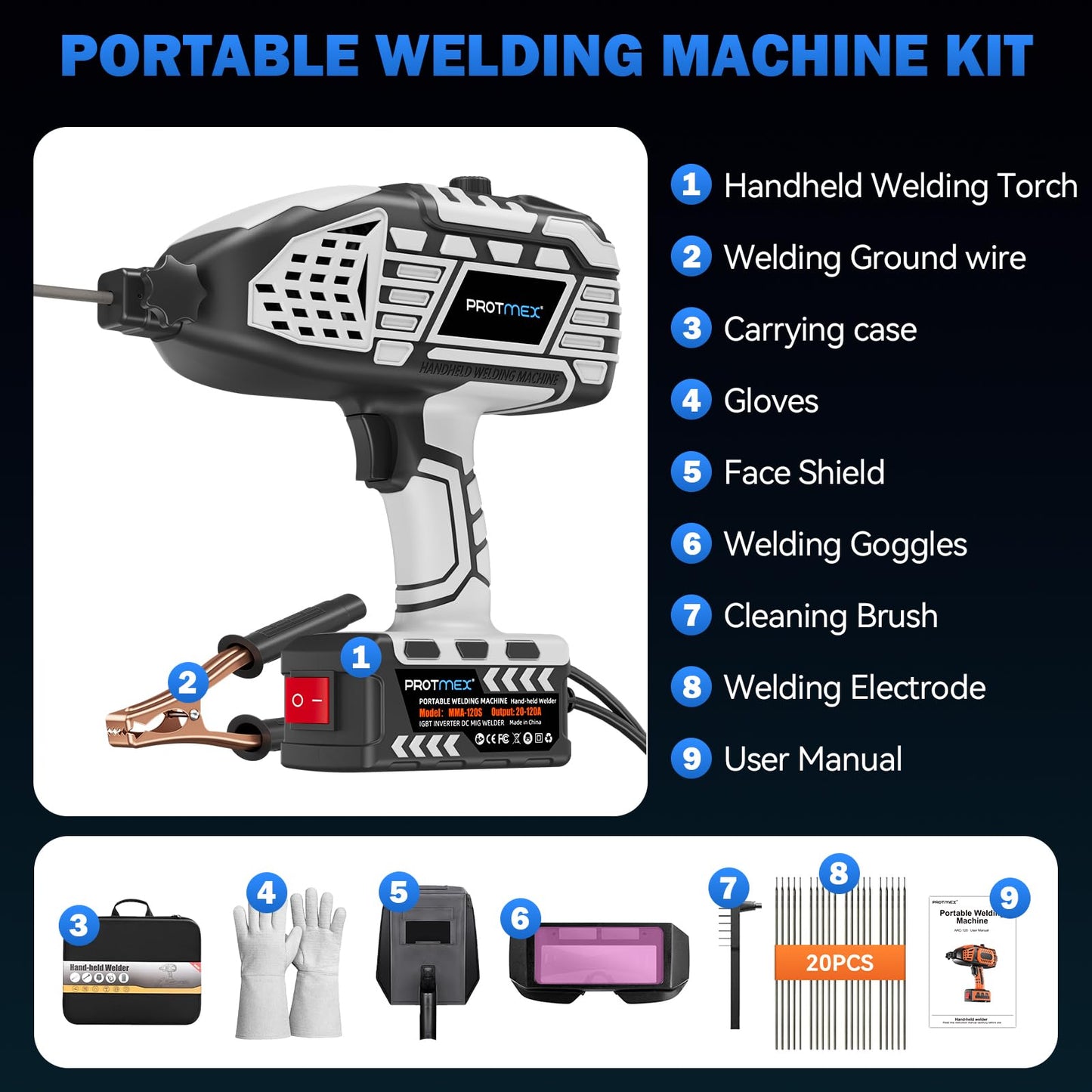 Portable Display Handheld Welder - 110V Portable Welder Machine IGBT Inverter with 5 Adjustable Currents, ARC Welder Gun Fits 3/32"-1/8" Welding Rods for Repair, DIY, Home Projects(20PCS Rods)