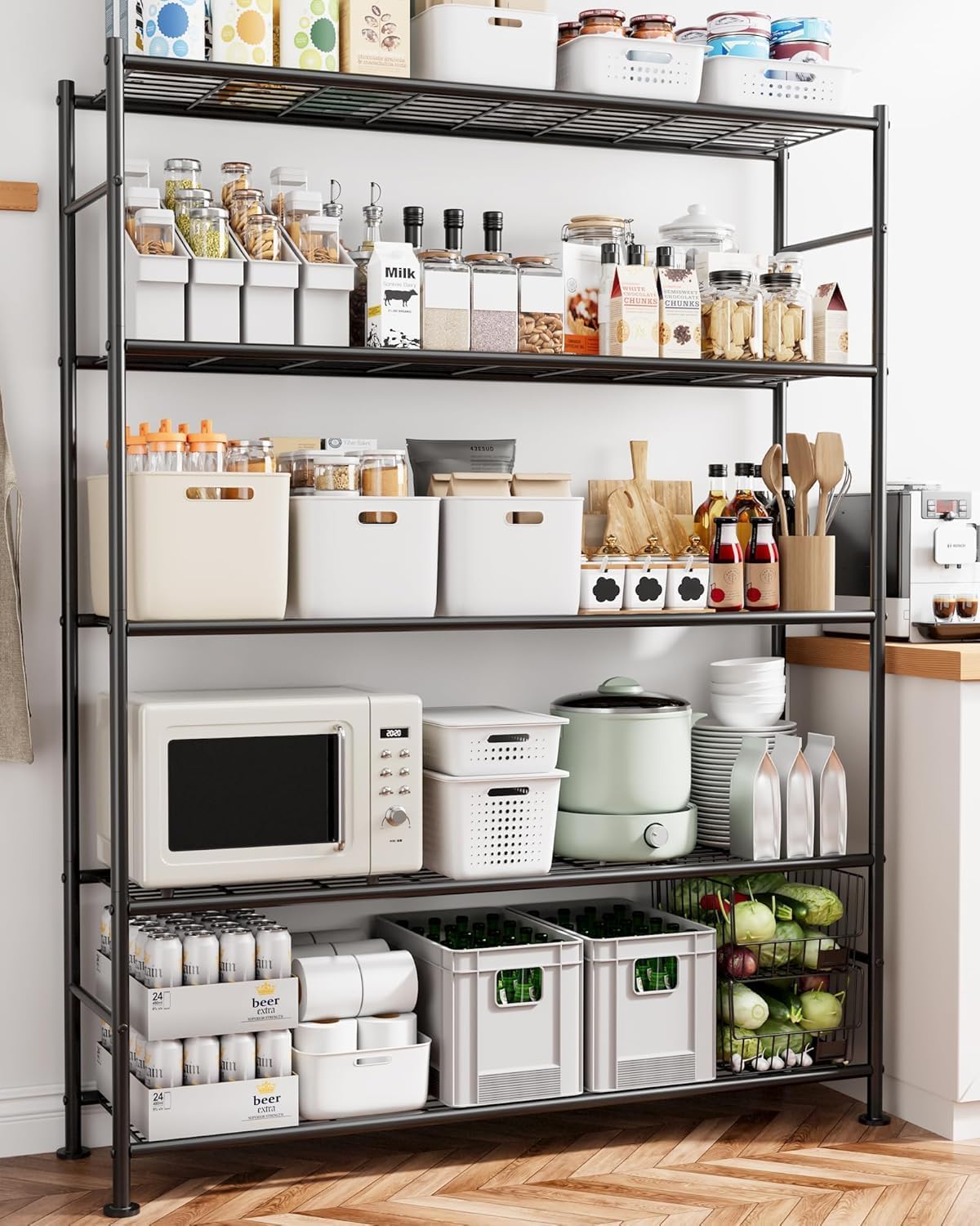 Sakugi Storage Shelves - Heavy Duty 5-Tier Shelf Organizer | Stable Metal Unit for Kitchen, Pantry & Closet - 46.3" W x 12.6" D x 60.3" H, Black
