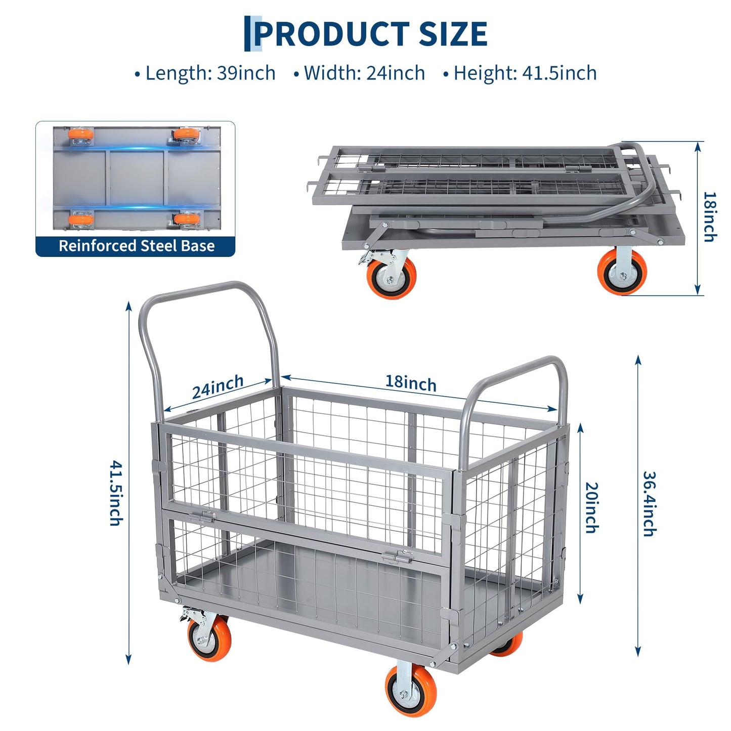 Garvee 1800 Lbs Platform Truck Cart with Cage, Heavy Duty 6-in-1 Foldable Flatbed Cart Hand Truck Dolly, Multi-Functional Push Cart with 360°Wheels, Cage Trolley for Warehouse, Grocery & Moving,Silver