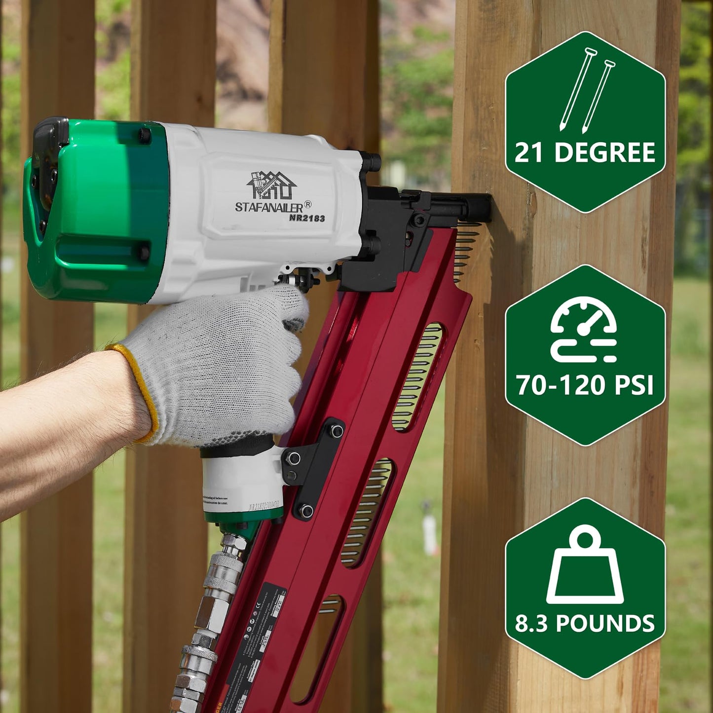 High Speed Mexican Style NR2183 21 Degree Aluminum Magazine Framing Nailer, Pneumatic Framing nail gun, 2-Inch up to 3-1/4-Inch Plastic Collated Full Head Framing Nails, Framing, Wooden House Building